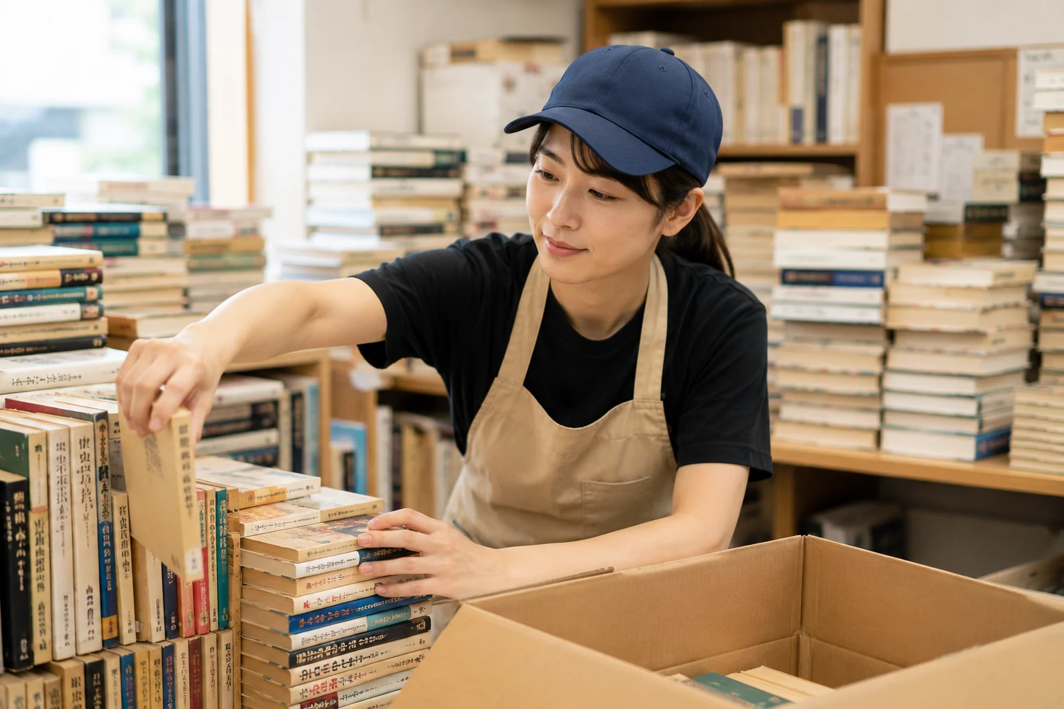 書棚から本を取り出して段ボールに詰めるスタッフ