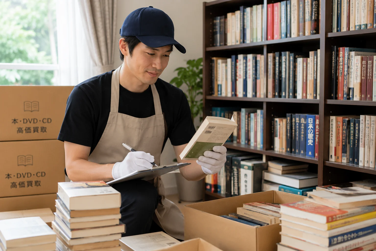 書棚の前で本を査定するスタッフ