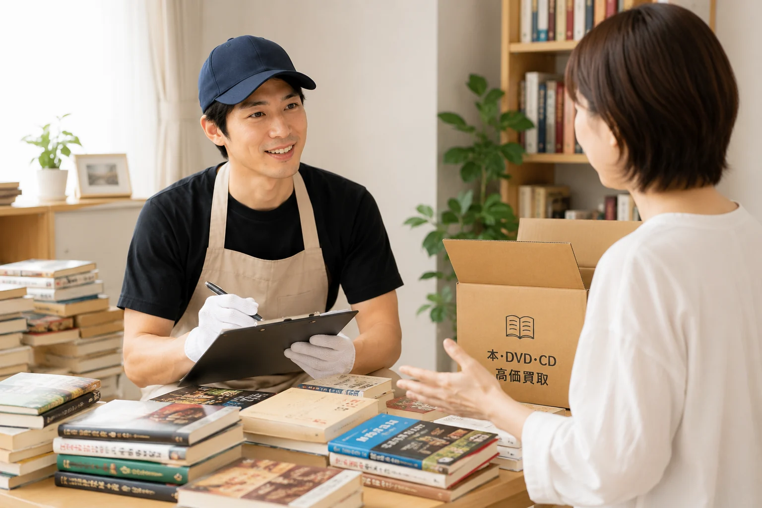ご自宅で本を査定するスタッフ